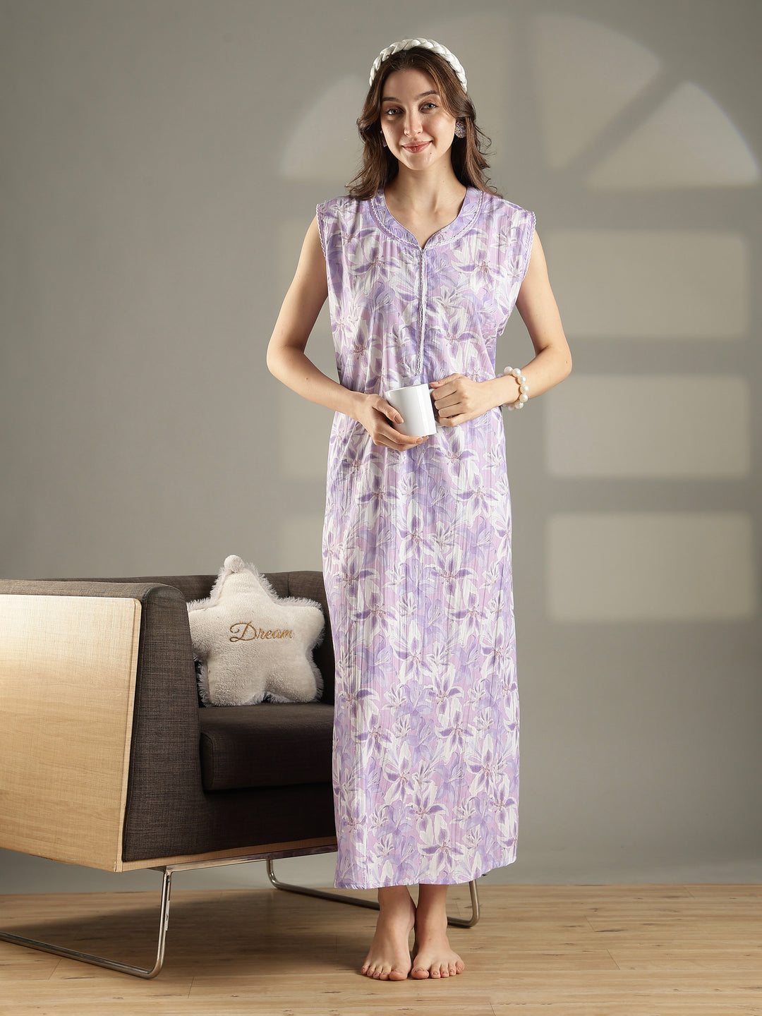 Lavender bamboo cotton floral sleeveless nighty for women