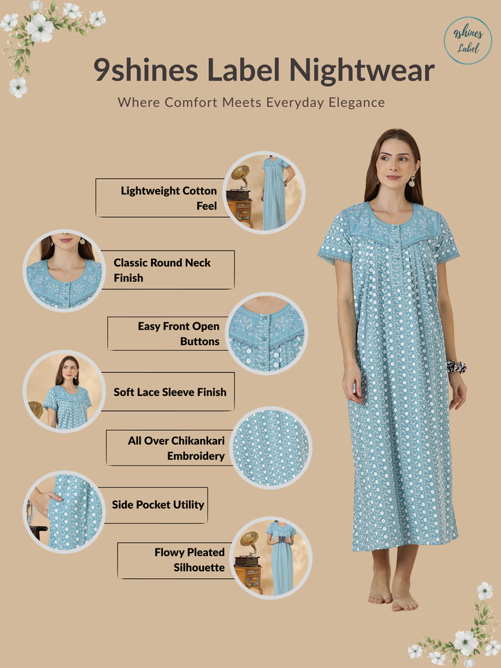Light blue floral premium cotton chikankari nighty for women