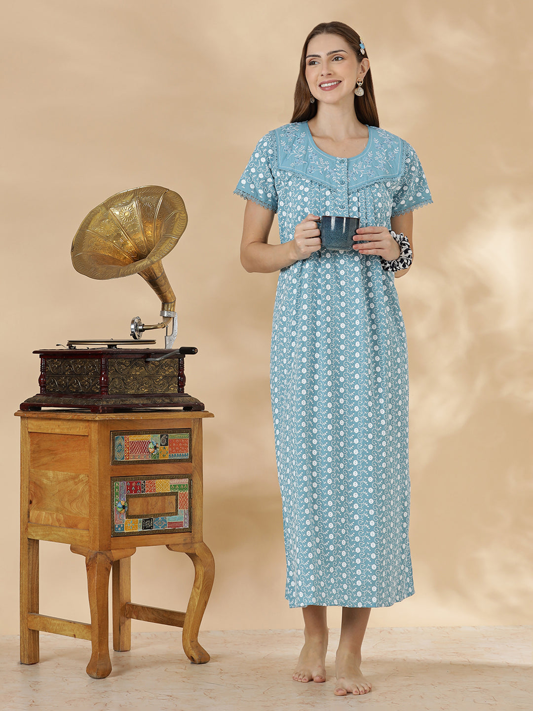 Light blue floral premium cotton chikankari nighty for women