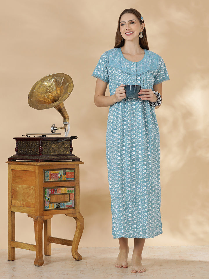Light blue floral premium cotton chikankari nighty for women