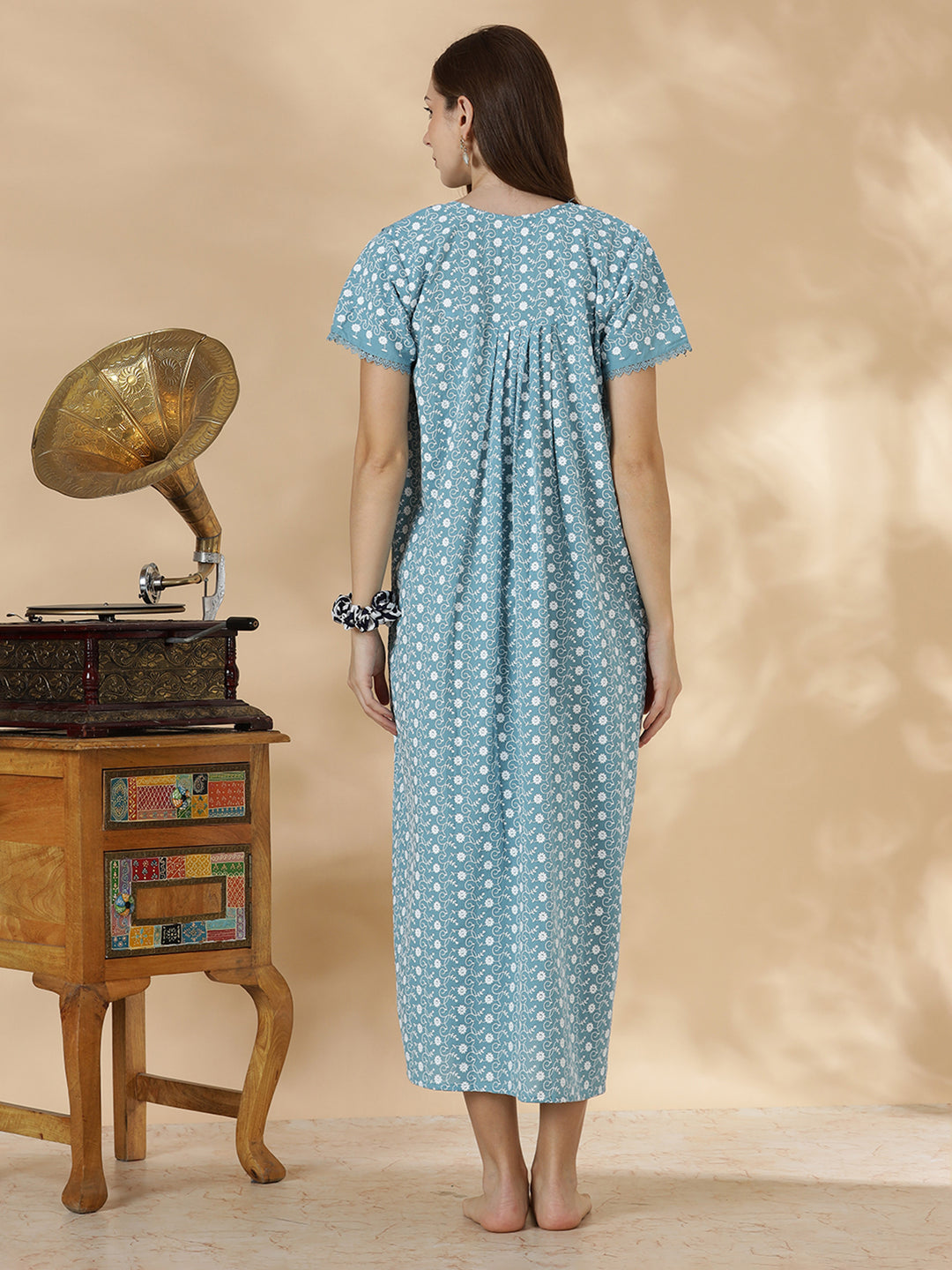 Light blue floral premium cotton chikankari nighty for women