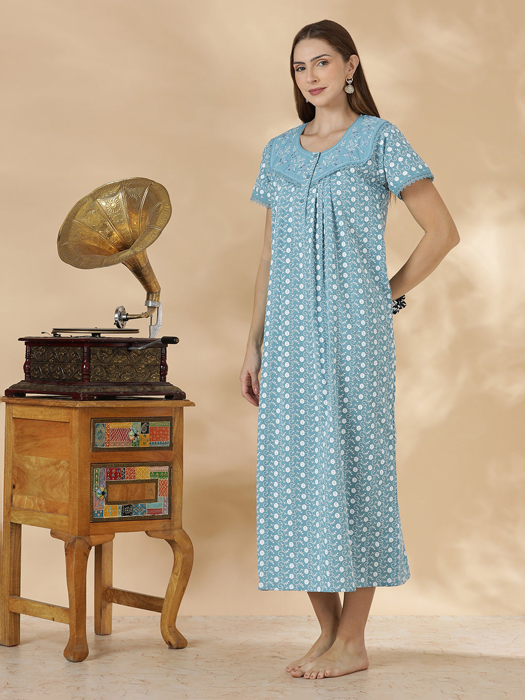 Light blue floral premium cotton chikankari nighty for women