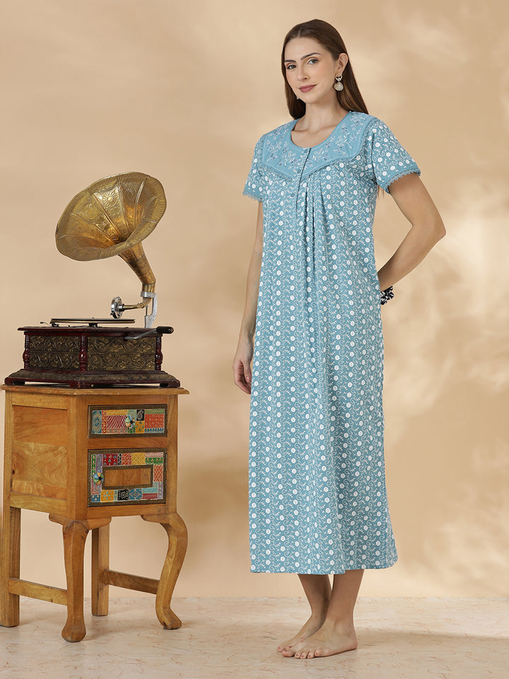 Light blue floral premium cotton chikankari nighty for women