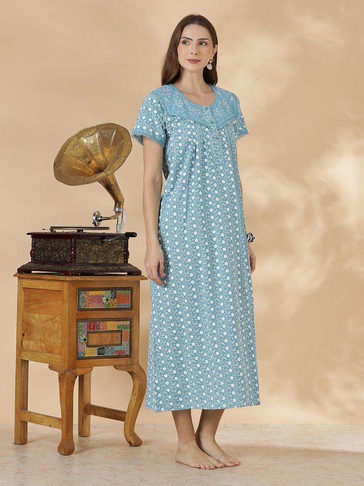 Light blue floral premium cotton chikankari nighty for women