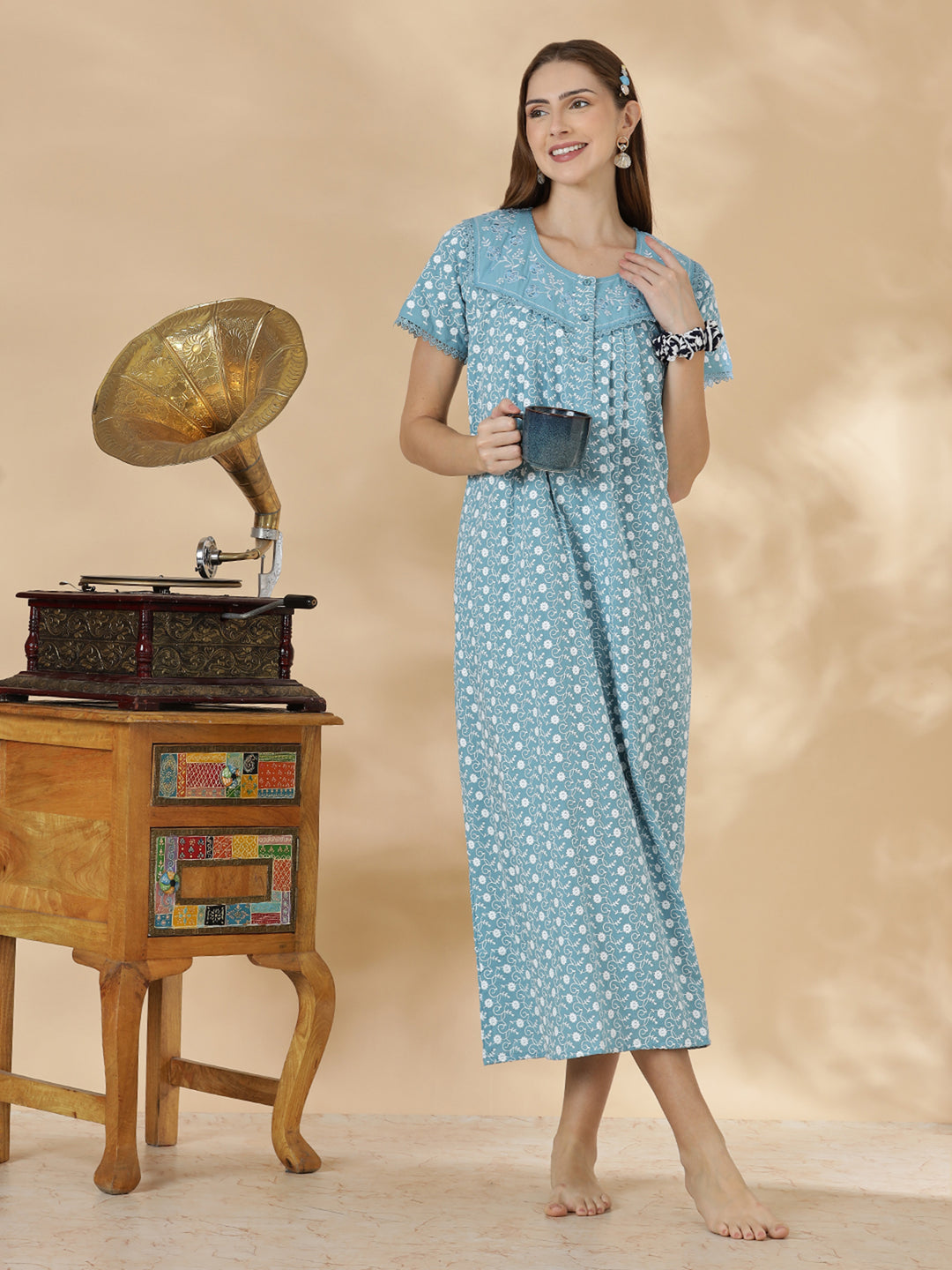 Light blue floral premium cotton chikankari nighty for women