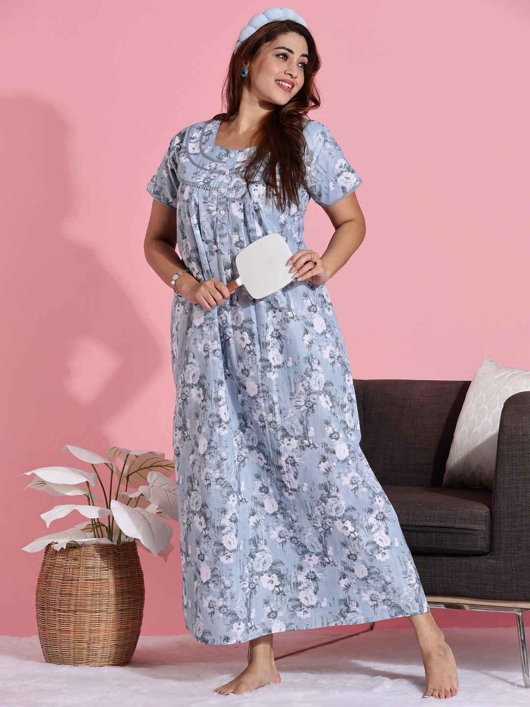 Pastel blue floral cotton front open nighty for women