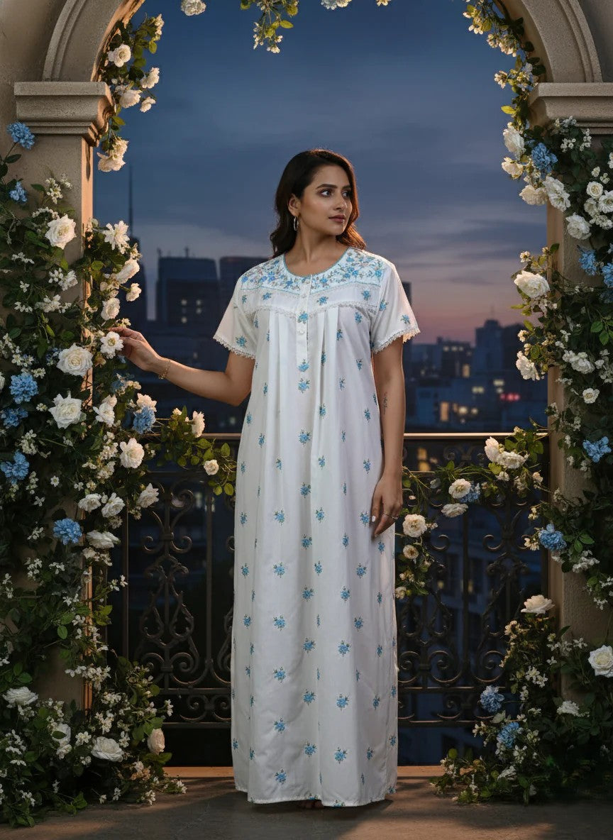 Light grey chikankari pure cotton nighty for summer