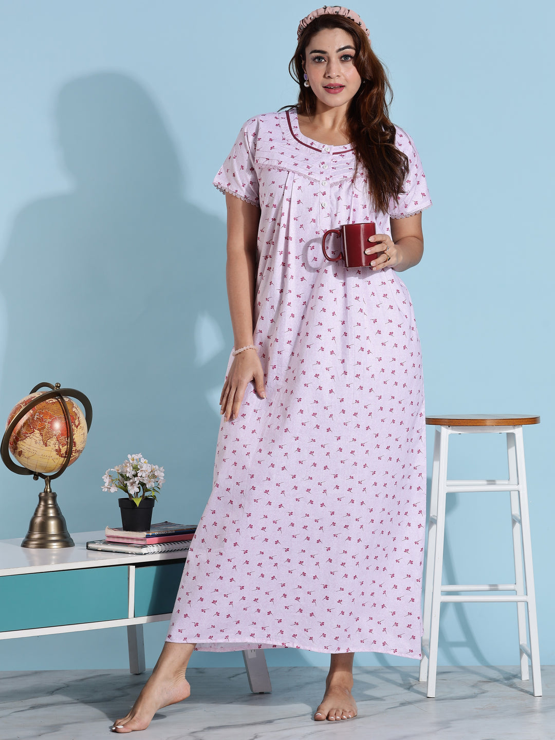 Light Pink Pleated Cotton Night dress for Women