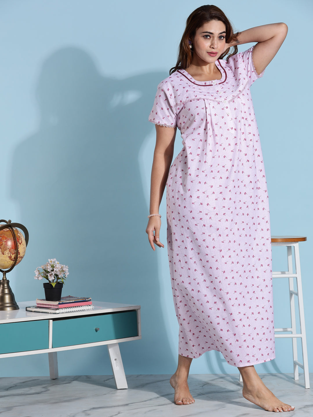 Light Pink Pleated Cotton Night dress for Women