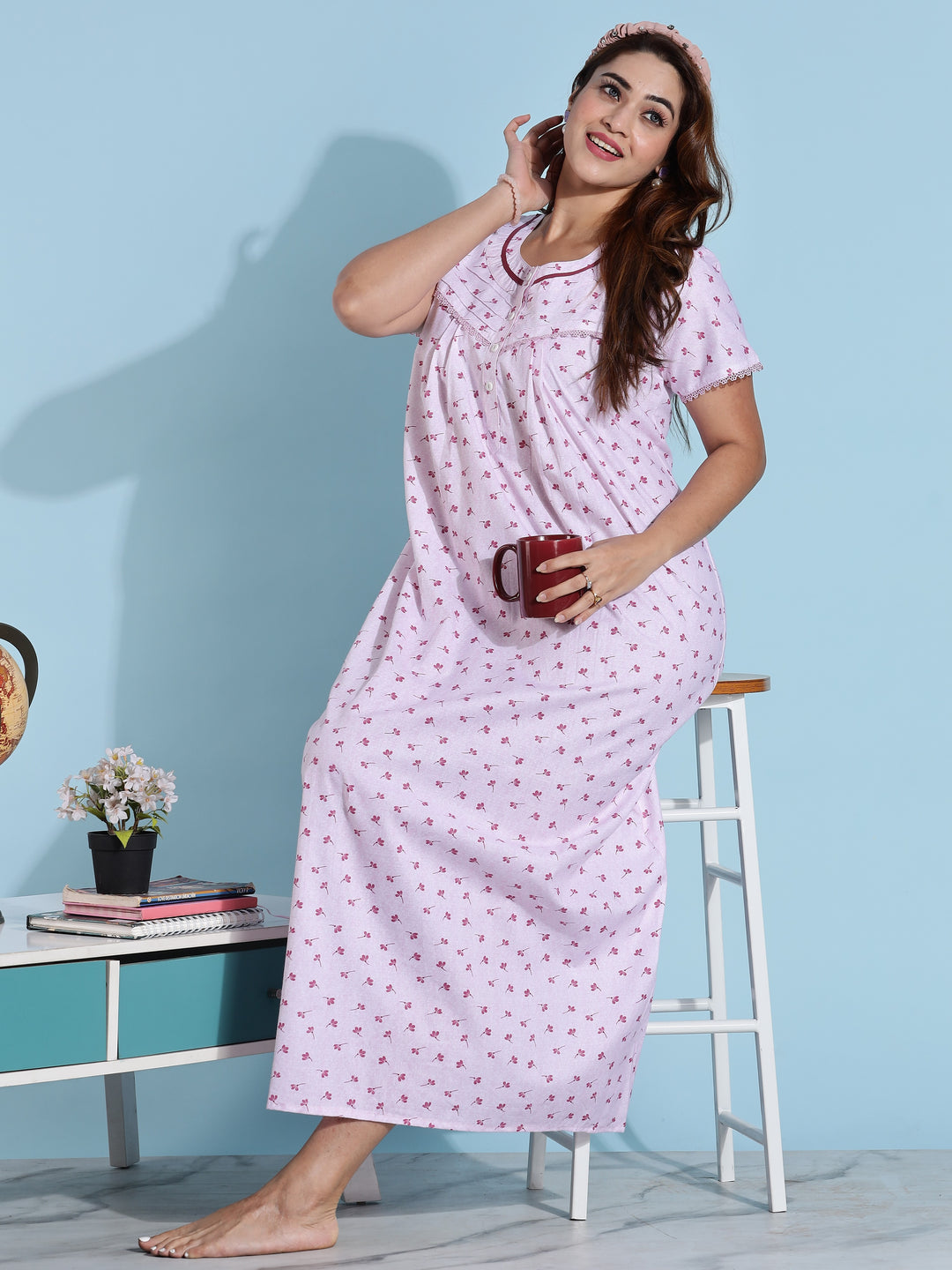 Light Pink Pleated Cotton Night dress for Women