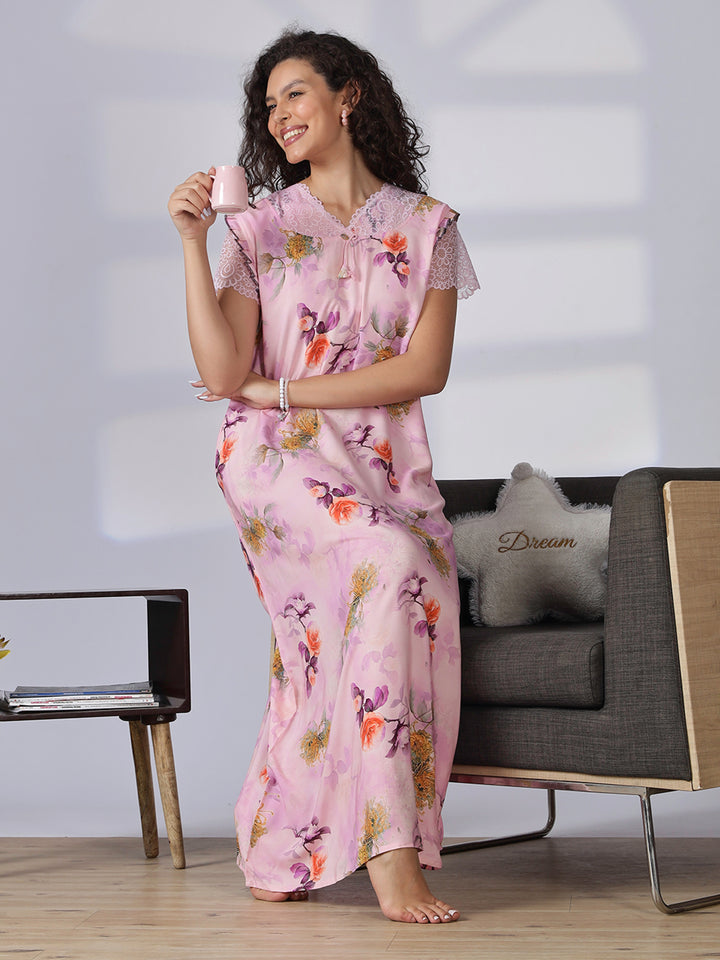 Rayon floral light pink summer nighty for women
