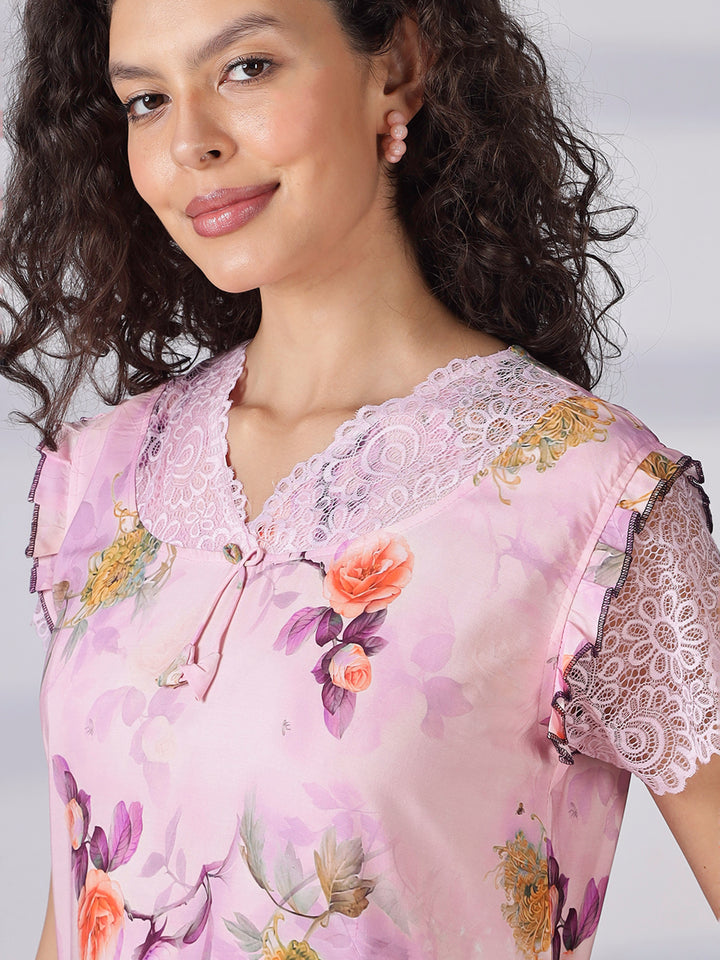 Rayon floral light pink summer nighty for women