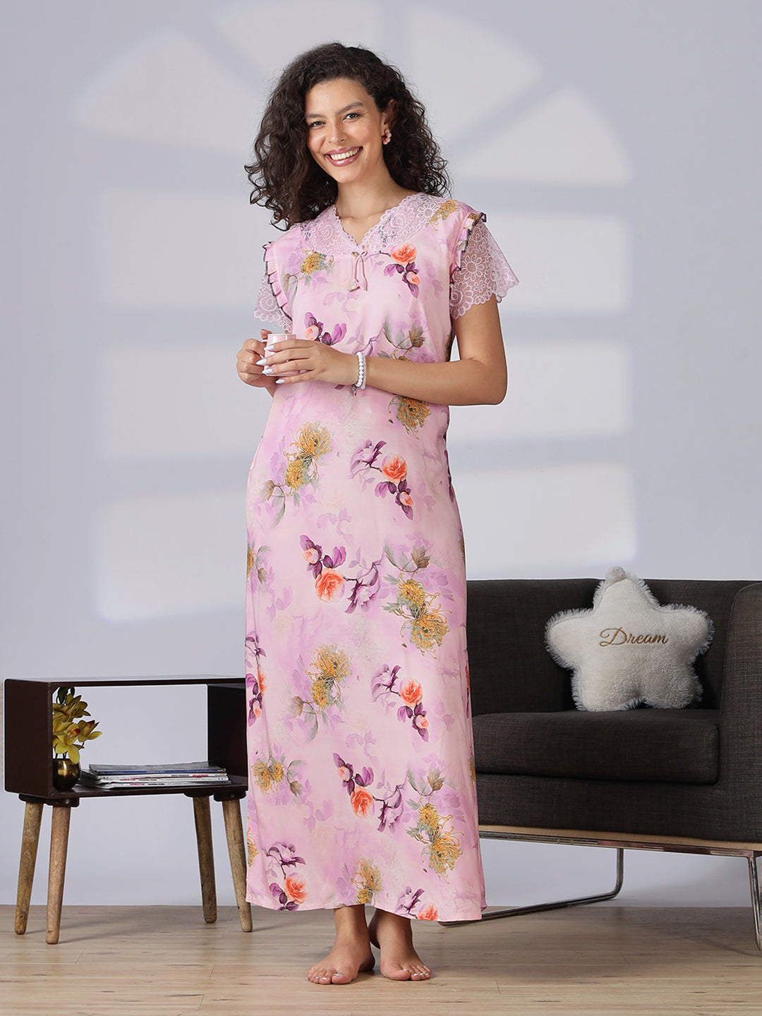 Rayon floral light pink summer nighty for women