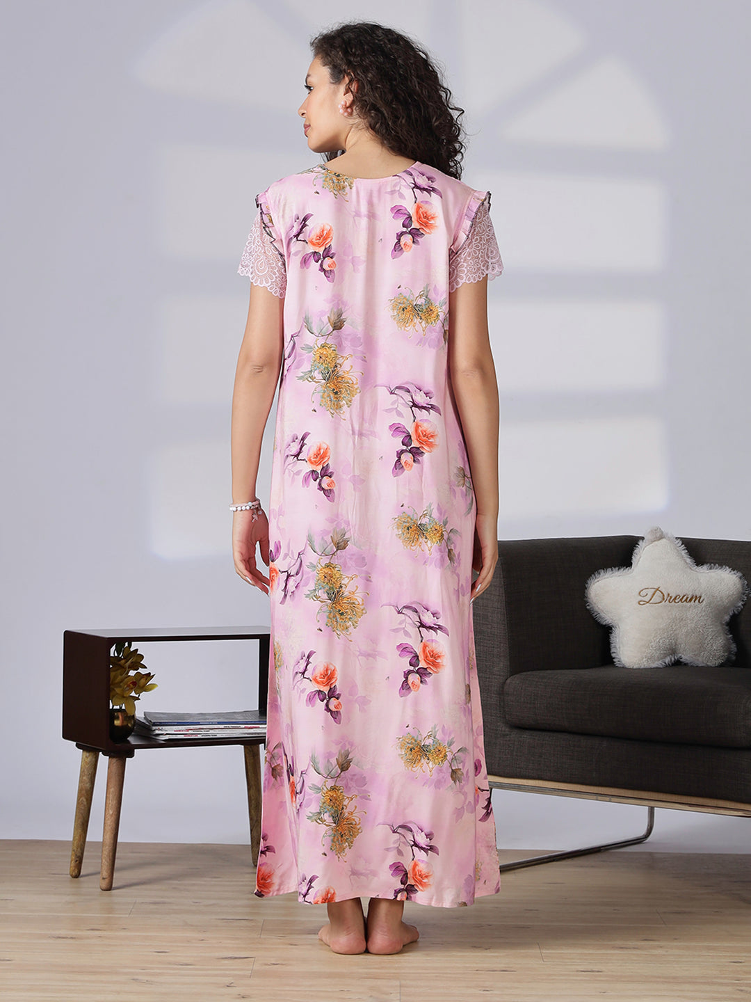 Rayon floral light pink summer nighty for women