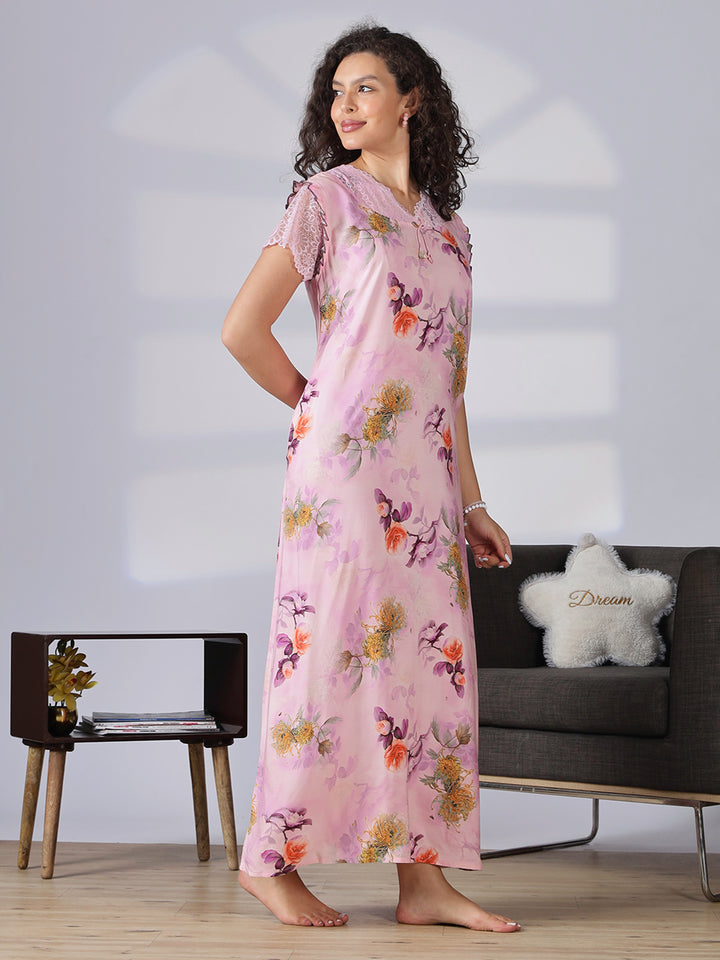 Rayon floral light pink summer nighty for women