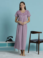 Pure Cotton Mauve Floral Chikankari Nighty with Pleated Fit