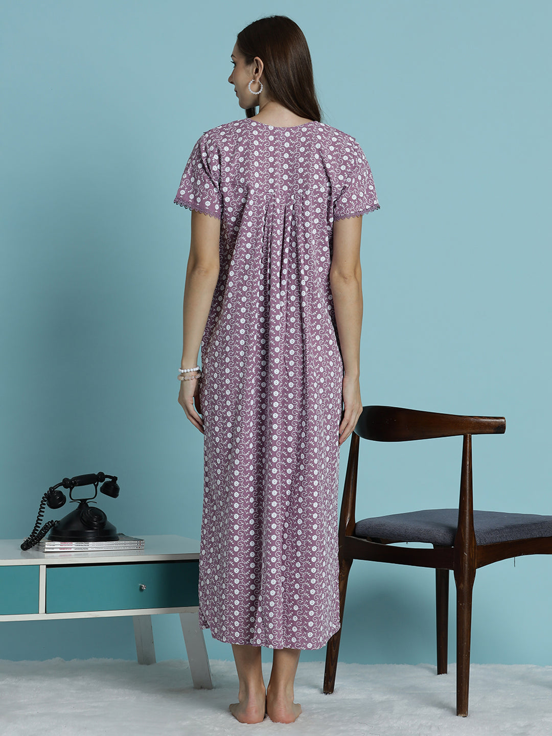 Floral print pure cotton chikankari light purple womens nighty