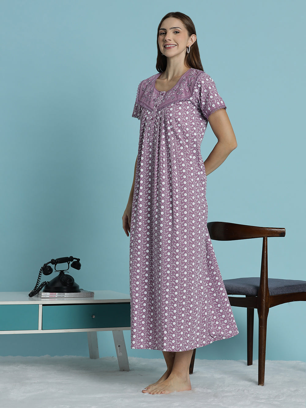 Floral print pure cotton chikankari light purple womens nighty