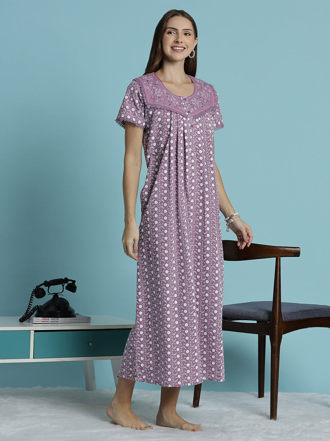 Floral print pure cotton chikankari light purple womens nighty