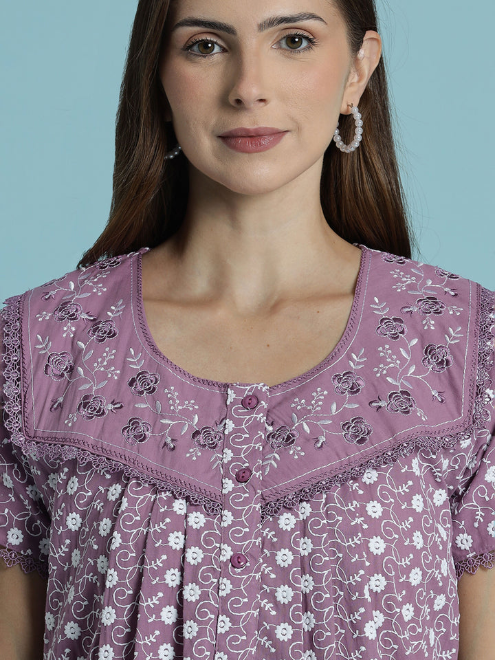 Floral print pure cotton chikankari light purple womens nighty