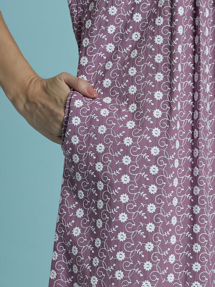 Floral print pure cotton chikankari light purple womens nighty