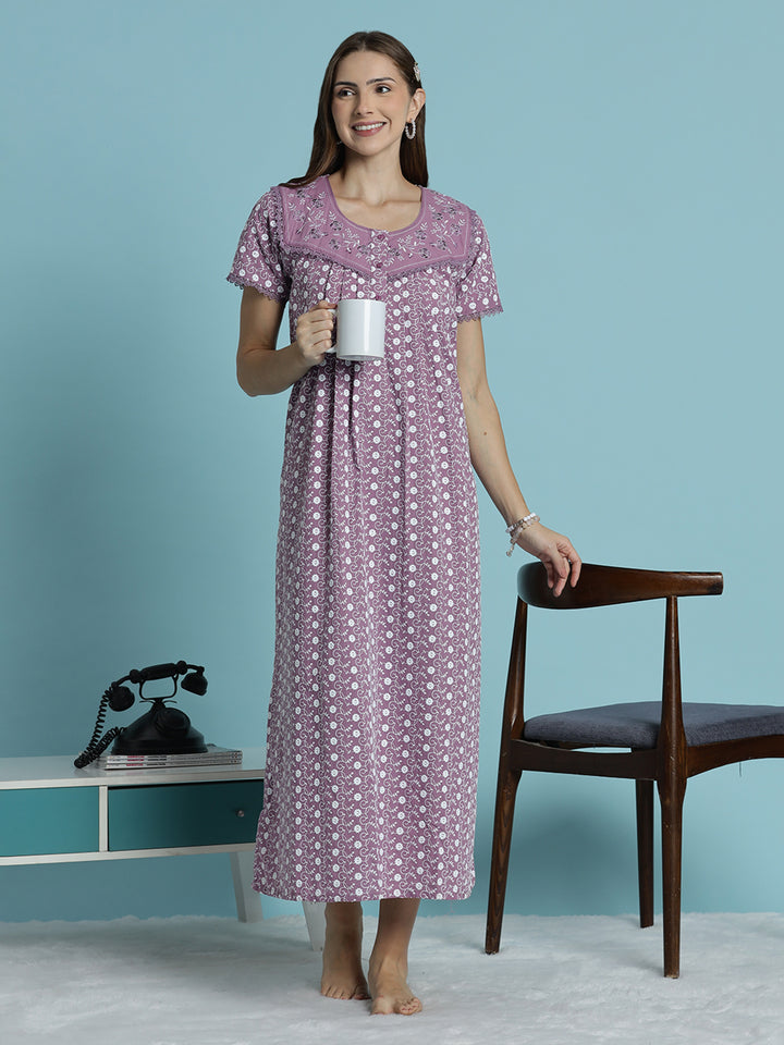 Floral print pure cotton chikankari light purple womens nighty