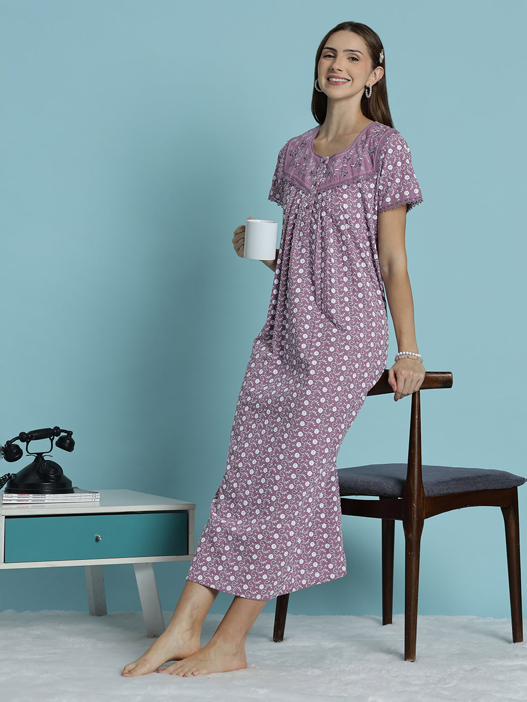 Floral print pure cotton chikankari light purple womens nighty