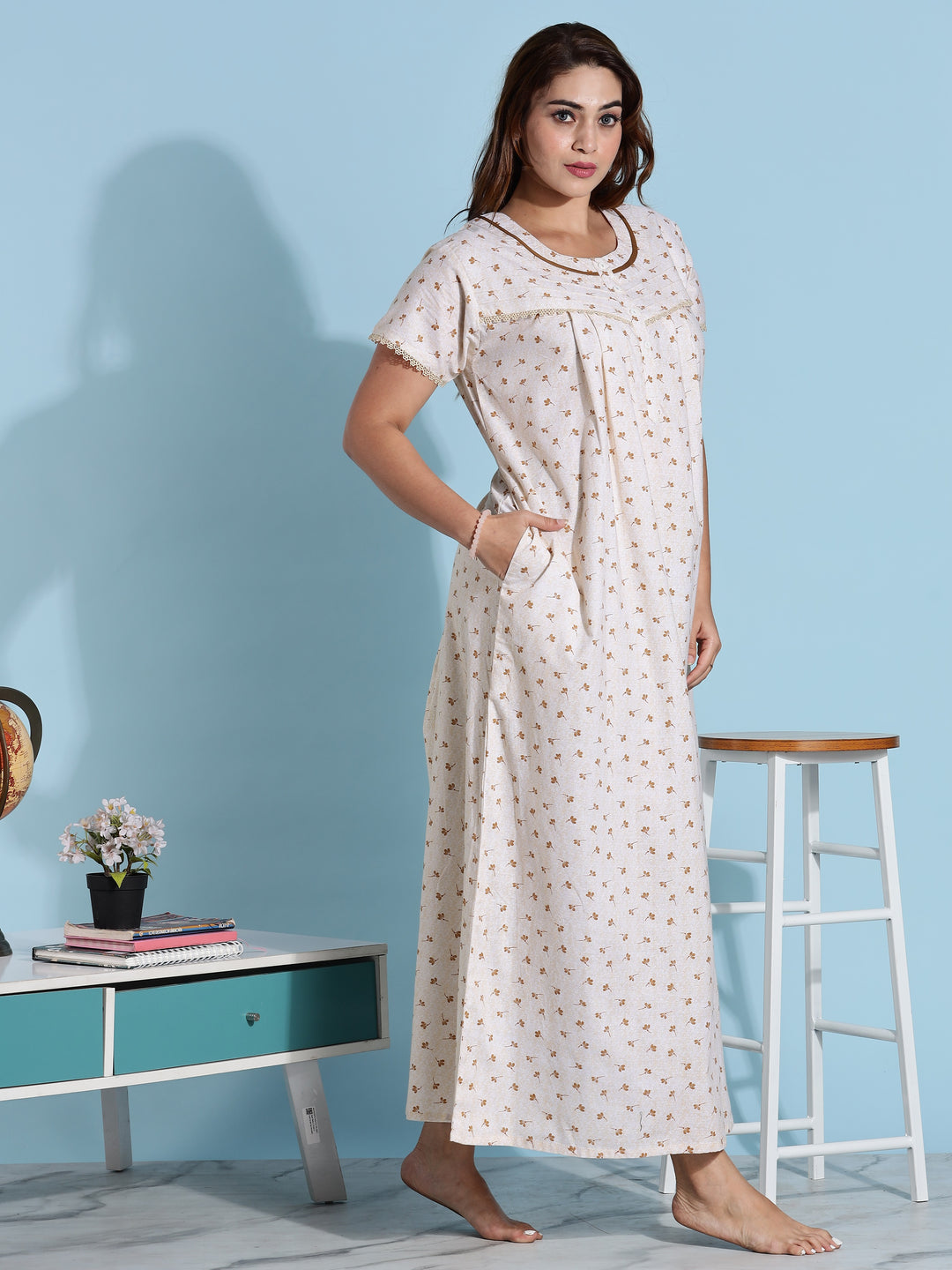 Premium Light Yellow Floral Cotton Night dress for Women