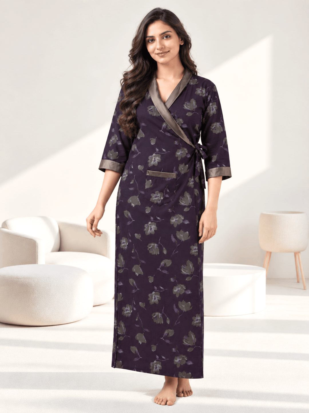 Dark wine floral house coat for women online