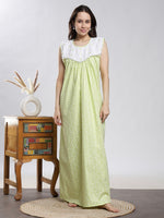Saheli Pure Cotton Sleeveless Pleated Nighty for Women Heart Mint
