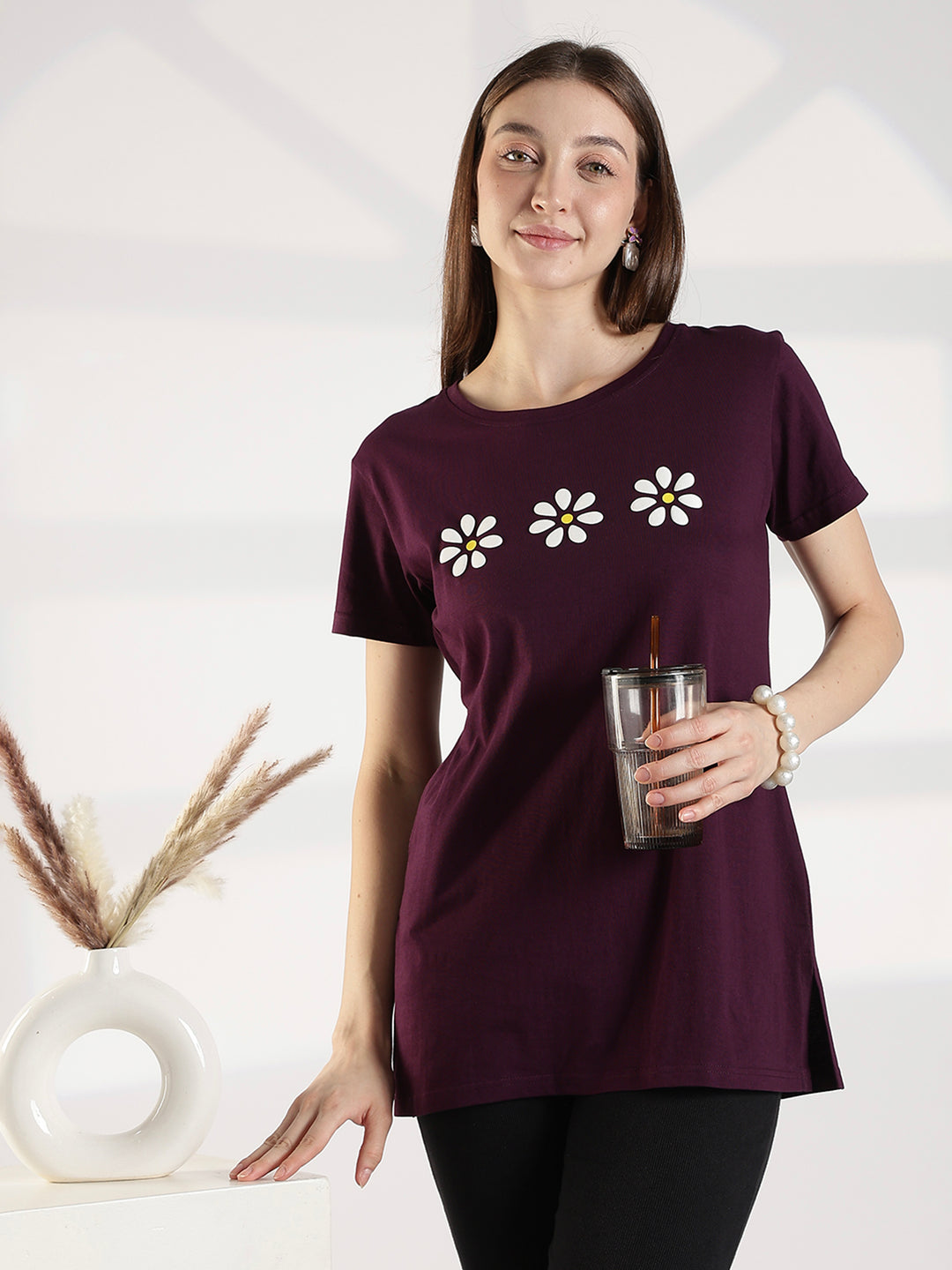 Cotton branded plus size long t shirt for women in wine