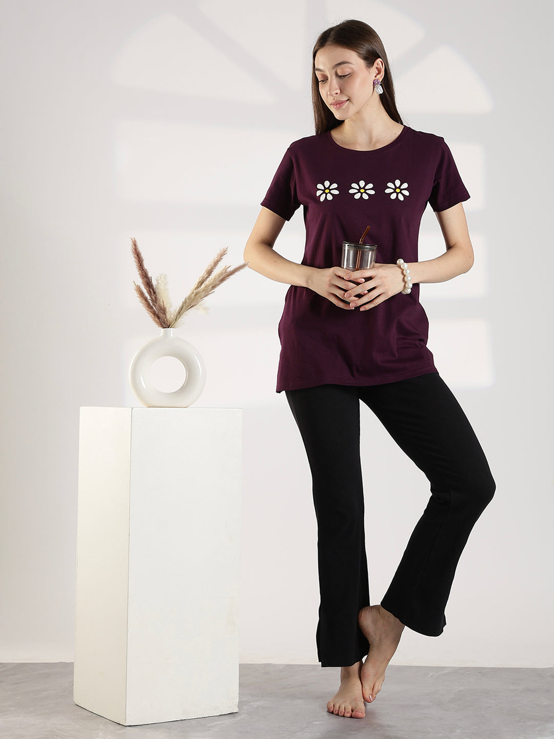 Cotton branded plus size long t shirt for women in wine