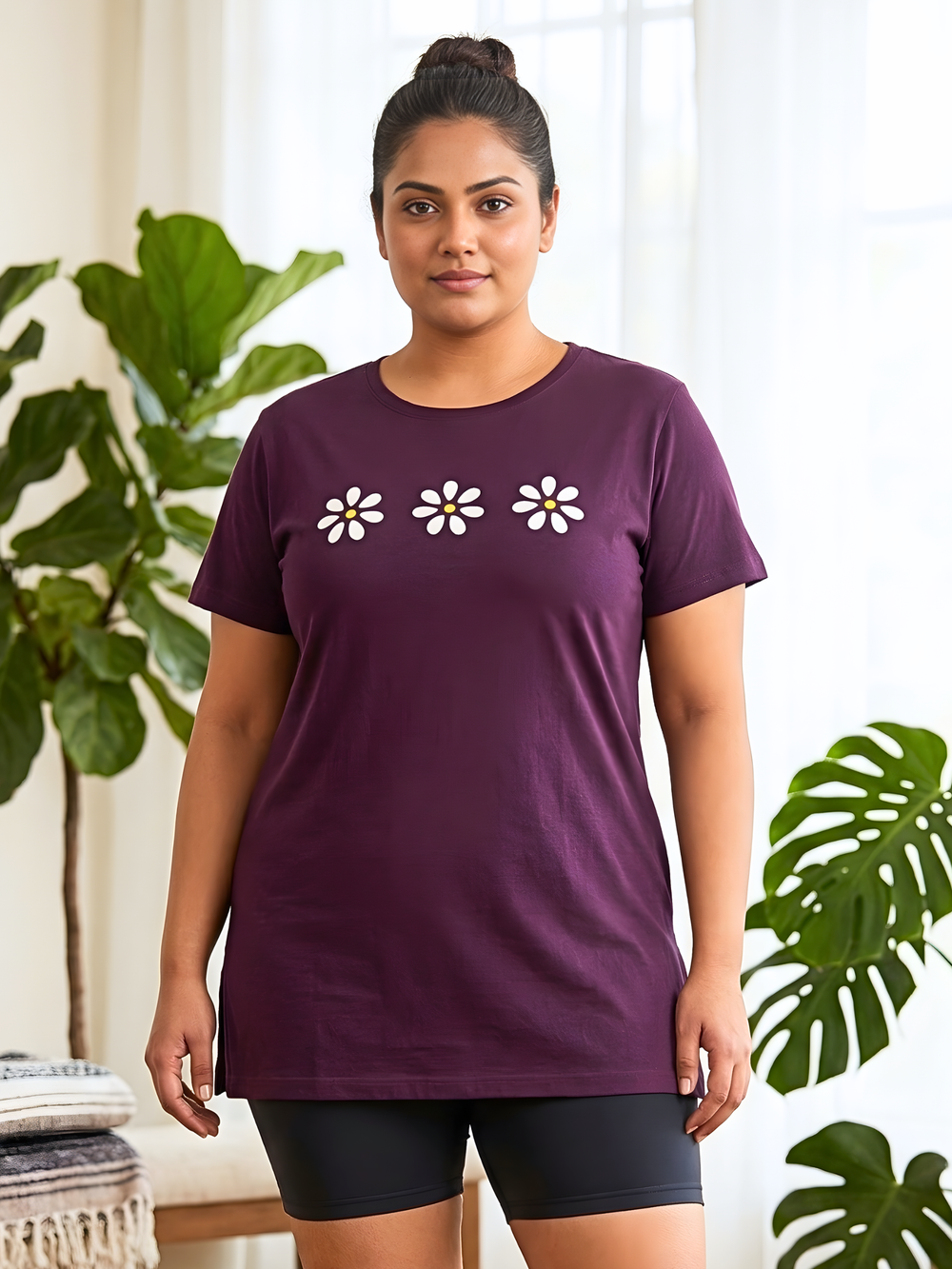 Cotton branded plus size long t shirt for women in wine