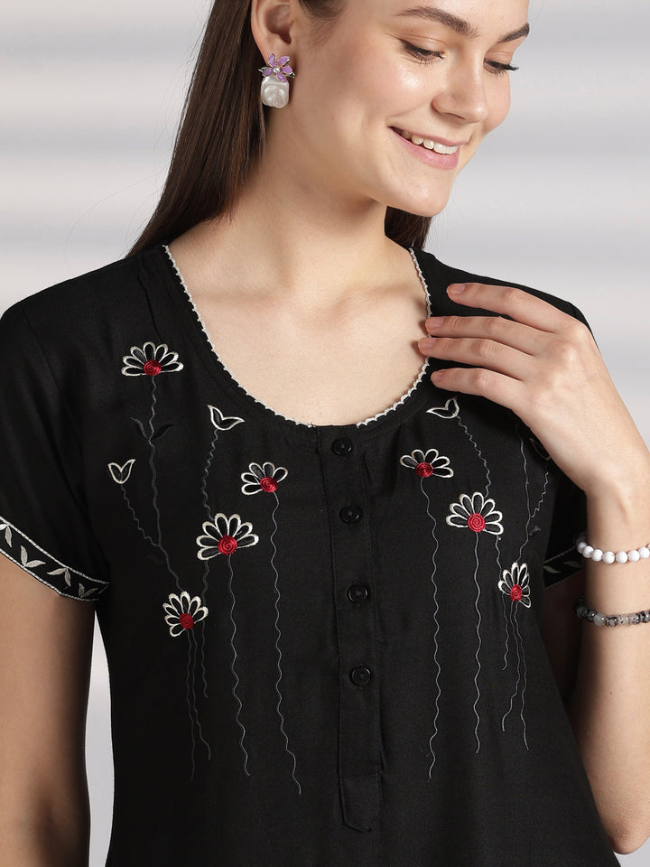 Elegant Alpine Nighty with Front Buttons and Embroidered Neck