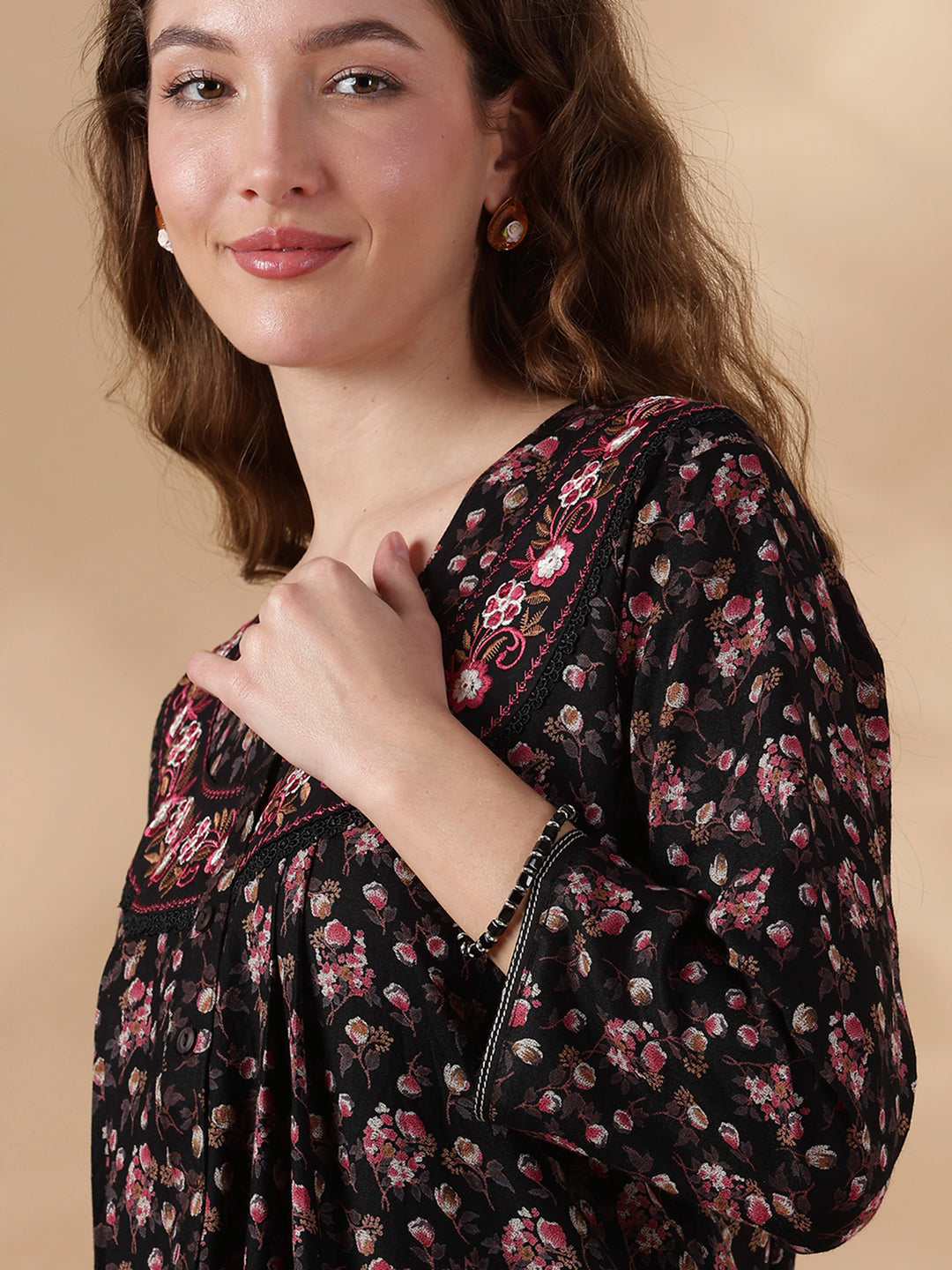 Alpine Magenta Floral Embroidered Ladies Nighty Dress