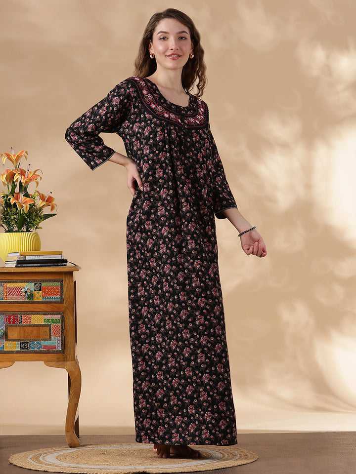 Alpine Magenta Floral Embroidered Ladies Nighty Dress