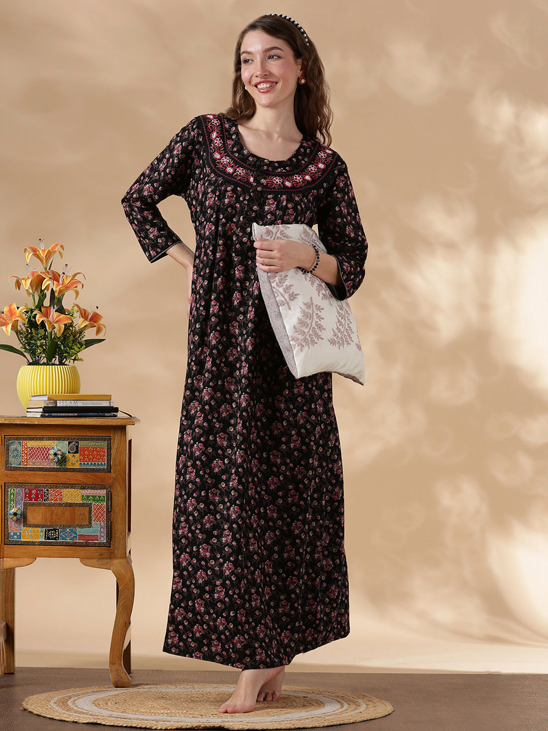Alpine Magenta Floral Embroidered Ladies Nighty Dress