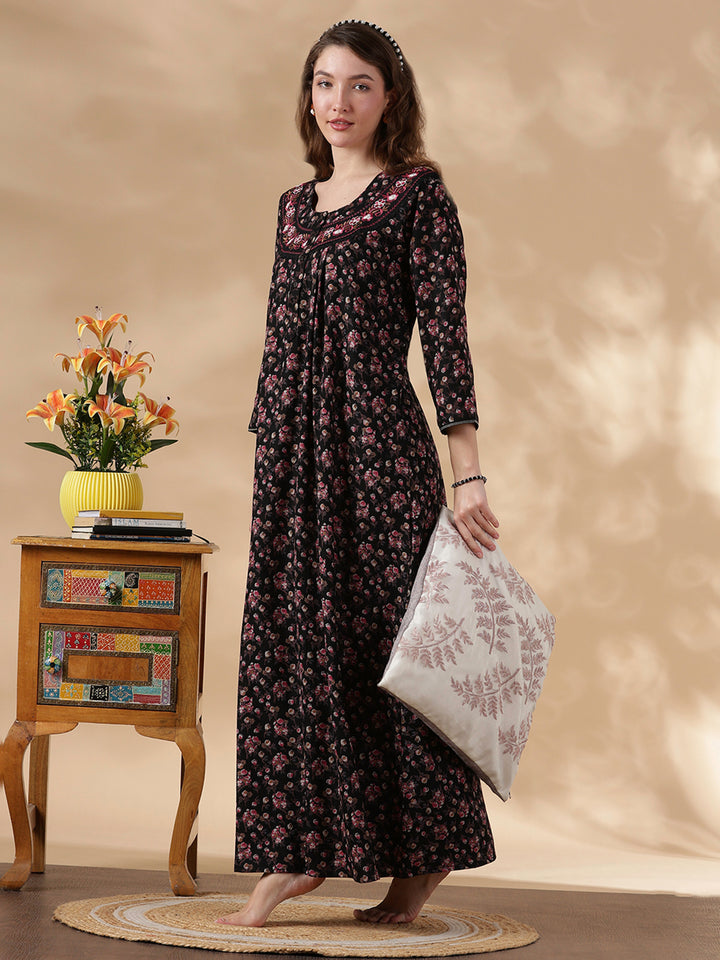 Alpine Magenta Floral Embroidered Ladies Nighty Dress Online Alpine / L/42