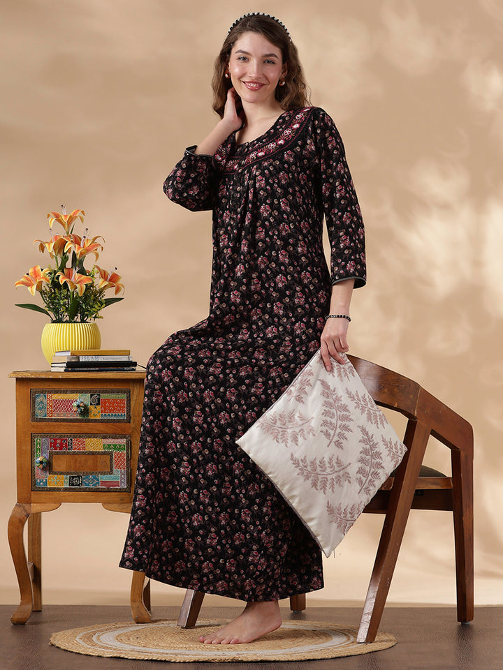 Alpine Magenta Floral Embroidered Ladies Nighty Dress