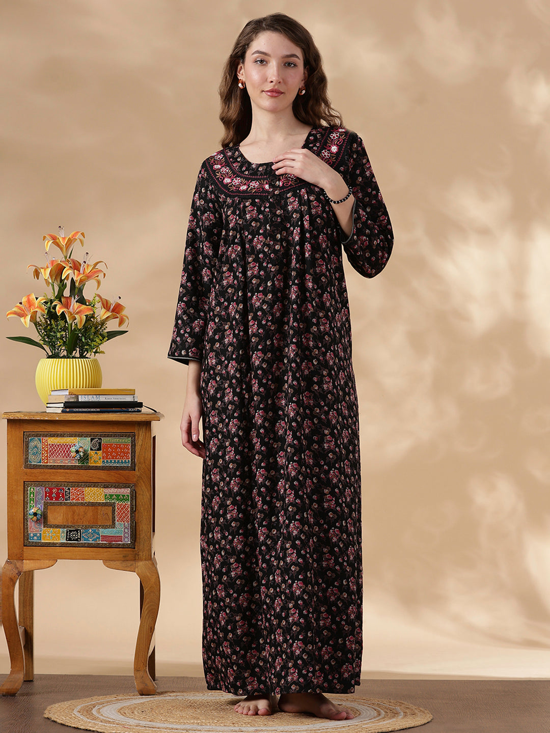 Alpine Magenta Floral Embroidered Ladies Nighty Dress