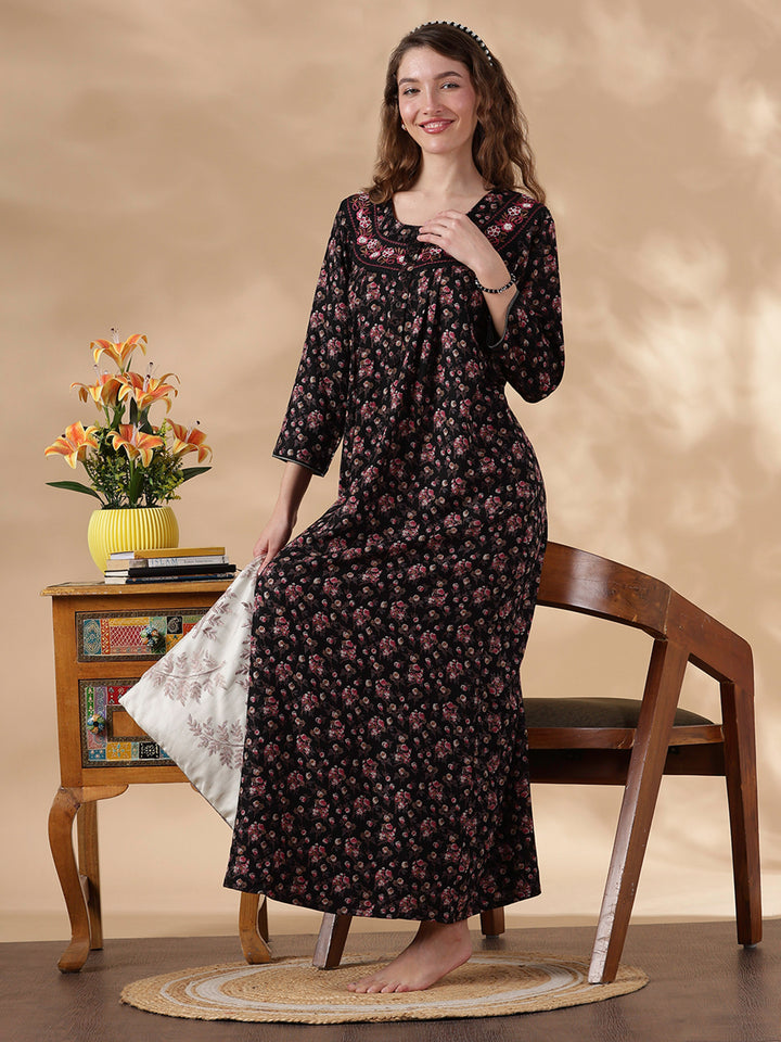 Alpine Magenta Floral Embroidered Ladies Nighty Dress