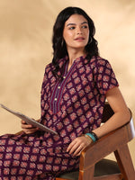 Mandarin Collar Pure Cotton Nighty with Embroidered Front Panel in Flora Purple
