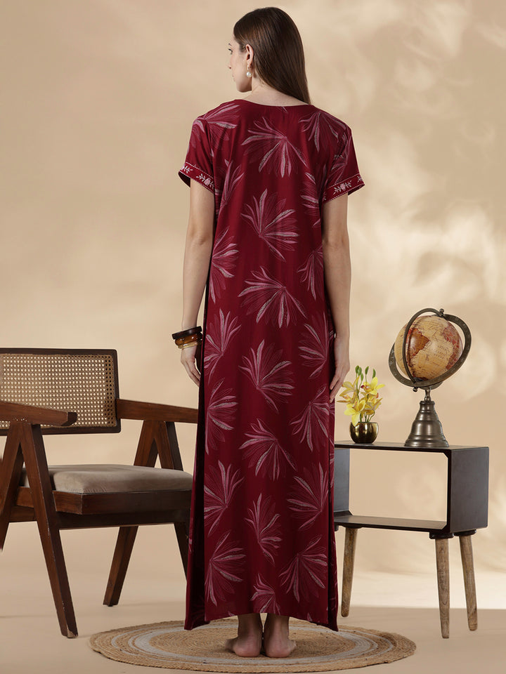 Alpine floral dusk maroon cozy feeding nighty for women