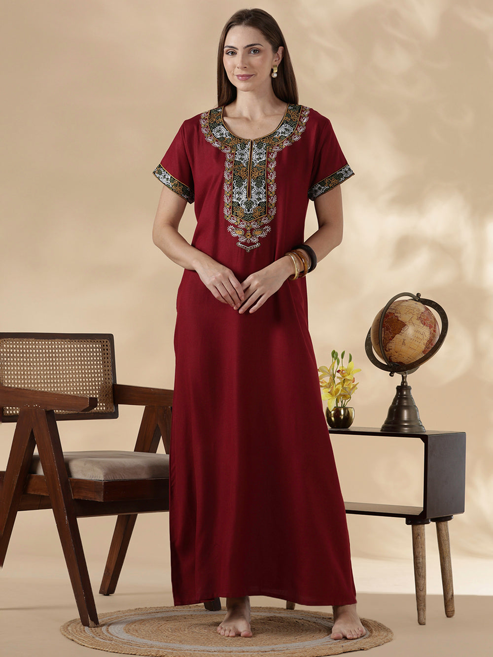 Heritage style maroon alpine cozy night dress for women