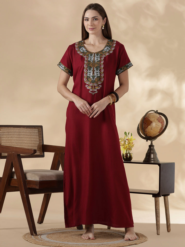 Heritage style maroon alpine cozy night dress for women