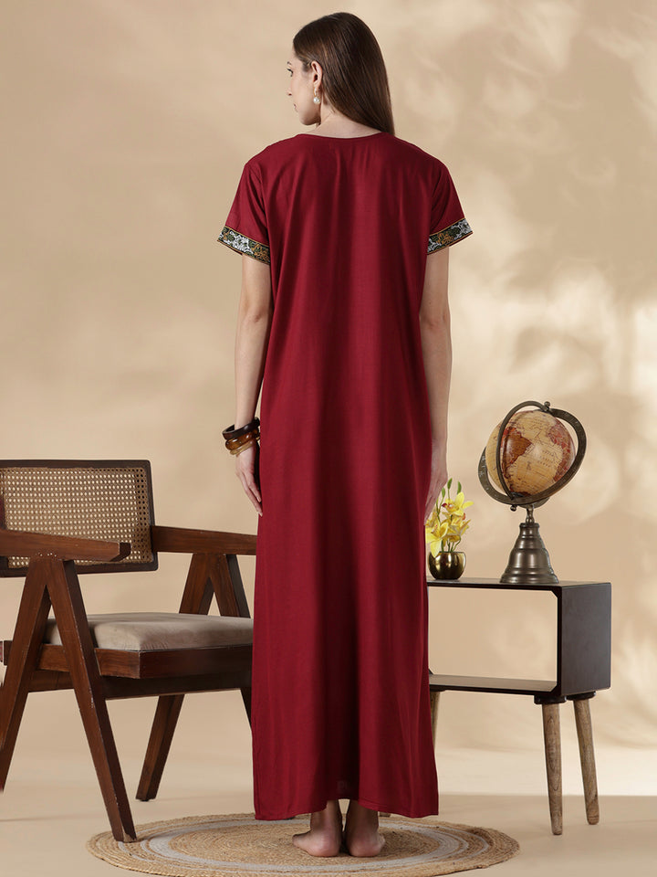 Heritage style maroon alpine cozy night dress for women