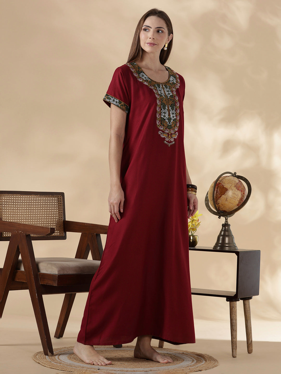 Heritage style maroon alpine cozy night dress for women