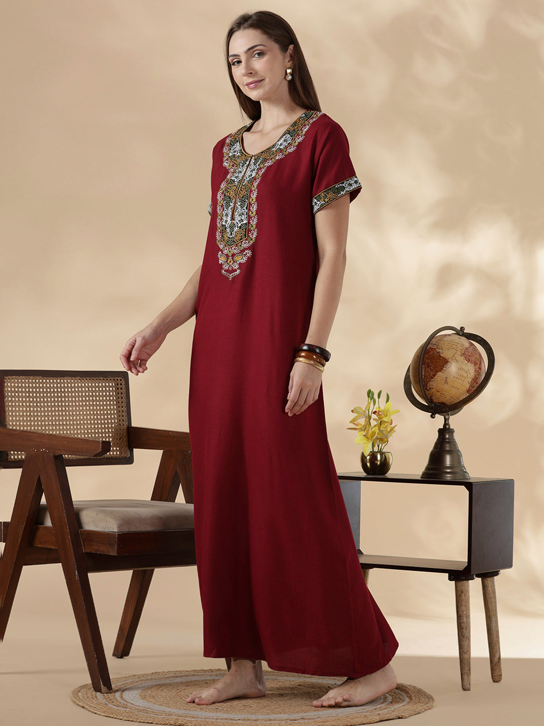 Heritage style maroon alpine cozy night dress for women