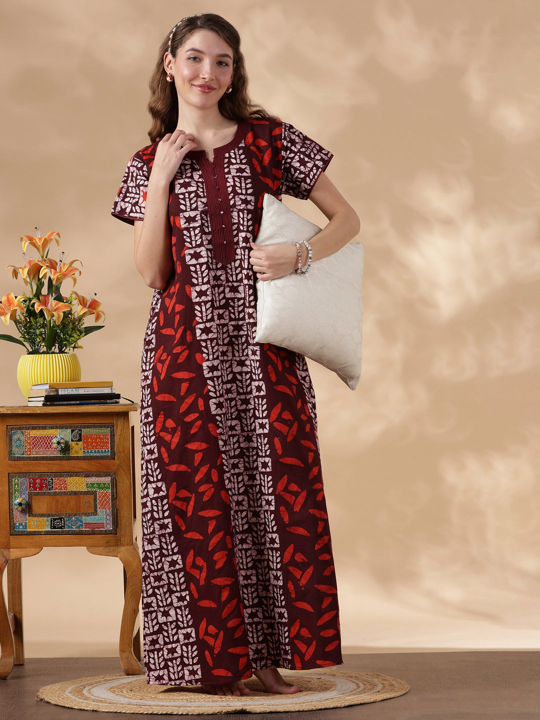 Maroon Batik Soft Daily Wear Pure Cotton Best Womens Nighty