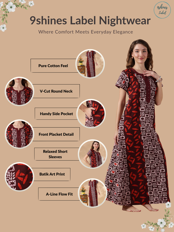 Soft daily wear maroon pure cotton batik nighty for women